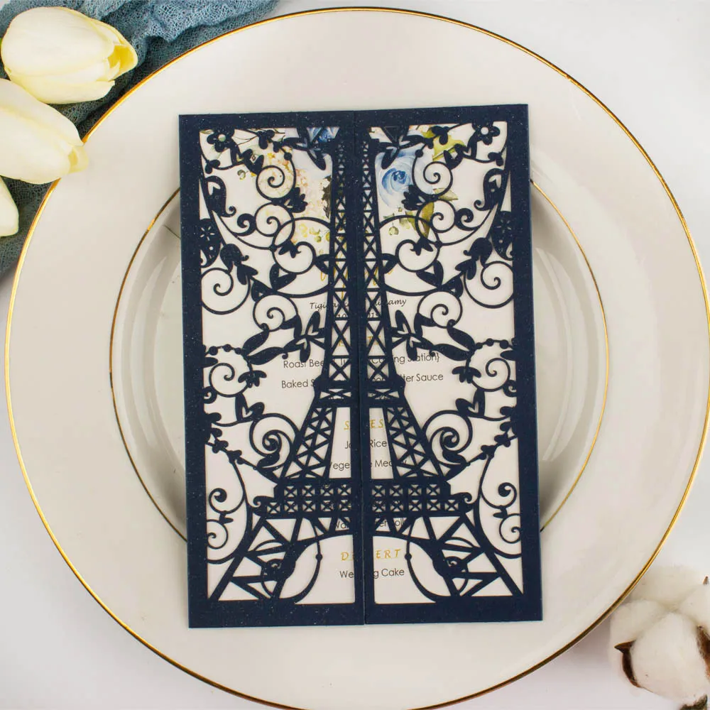 

1pcs Navy Blue Laser Cut Eiffel Tower Birthday Wedding Invitation Card Quinceanera Engagement Bridal Shower Party Invitations