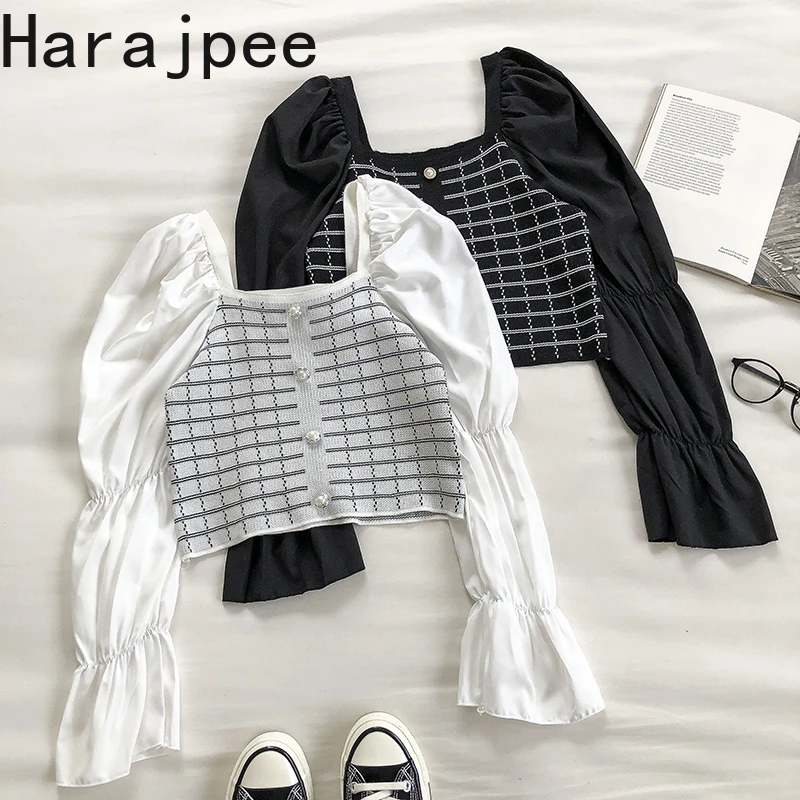 

Harajpee Women Shirts French Palace Style Pearl Buttons Plaid Patchwork Square Collar Puff Sleeve Spring Autumn New Short Tops