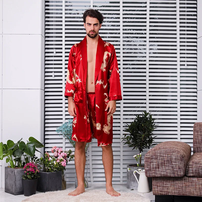 

Spring and Autumn New Single Long Sleeve Nightgown Men's Bathrobe Silk Pajamas Men's Long Dragon Robe Home Wear