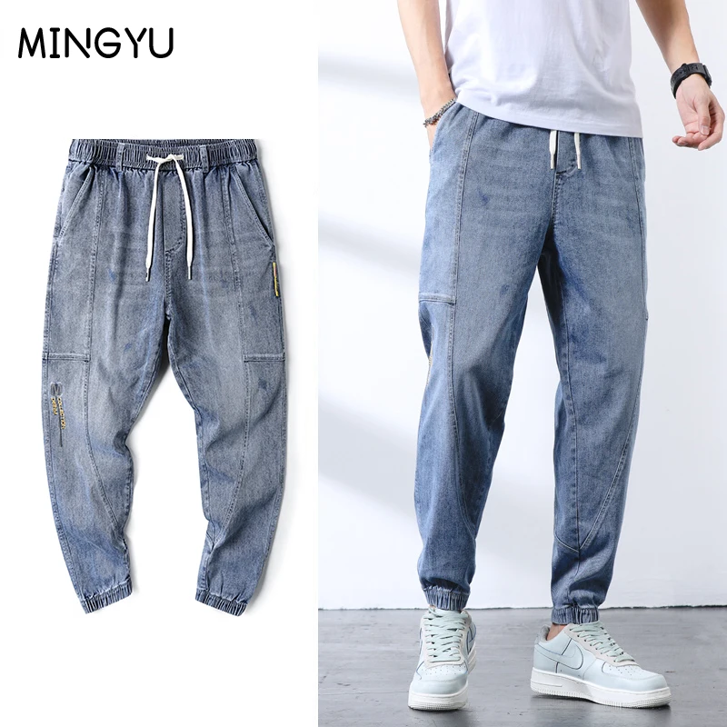 

Cotton Jeans Men Casual Harem Pants Spring Summer Elastic Waist Comfort LooseTrousers Male Embroidered text Washed Denim Pants