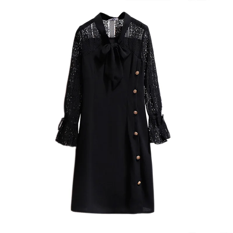 Черное Кружевное лоскутное платье с длинным рукавом воротник-бант весеннее и