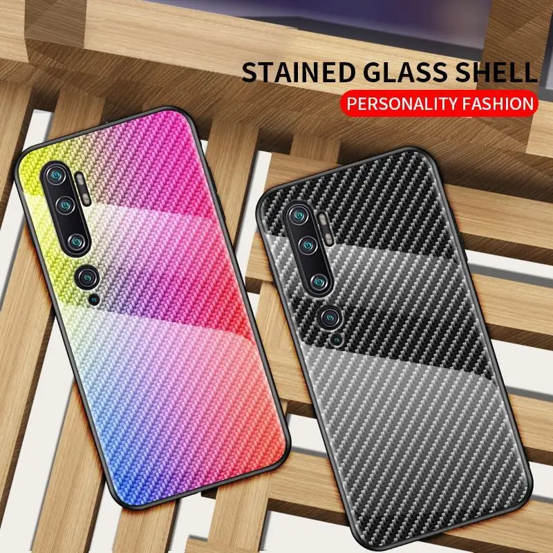 KEYSION Tempered Glass Case For Xiaomi Mi Note 10 Pro Gradient carbon fiber Back Cover for CC9 9 Lite |