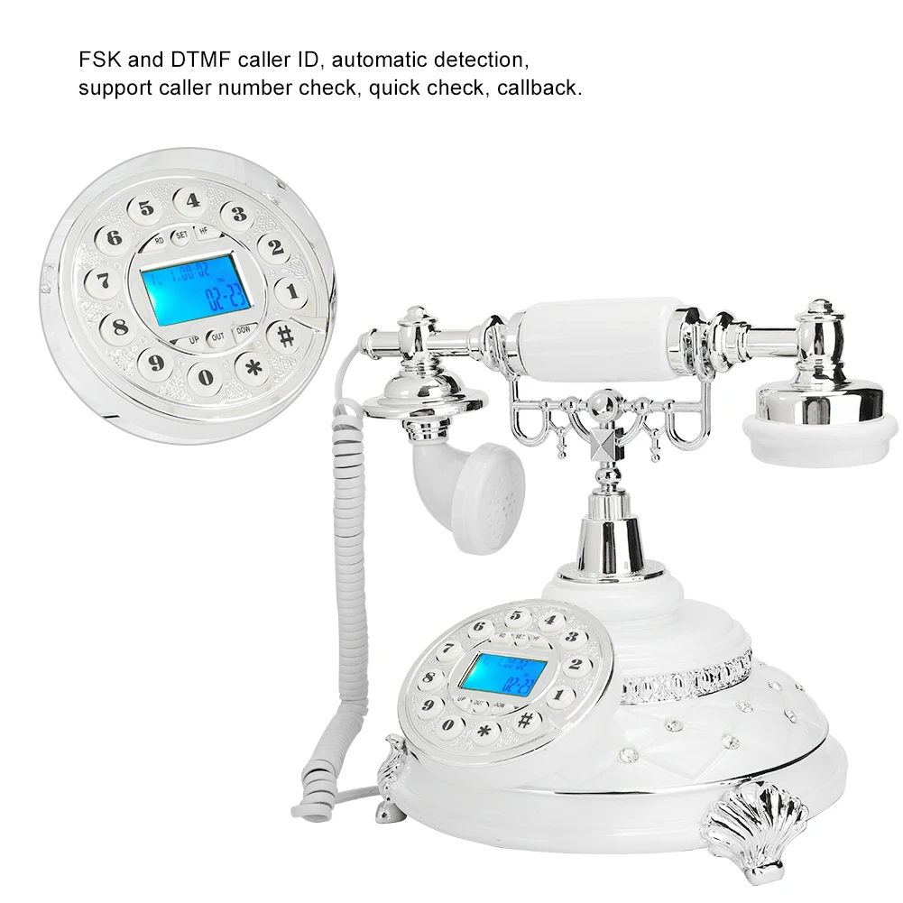 

Retro Landline Roating dialing FSK and DTMF Caller ID Silver Plated Gemstone Backlight Telephone with Holder for Home Decoration