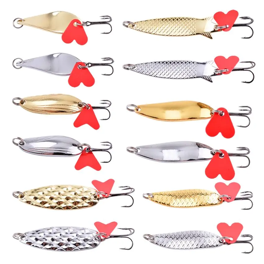 

12Pcs Metal Spinner Spoon Fishing Lures 7g 10g 15g Gold Silver Artificial Bait With Feather Treble Hook Trout Pike Bass Tackle