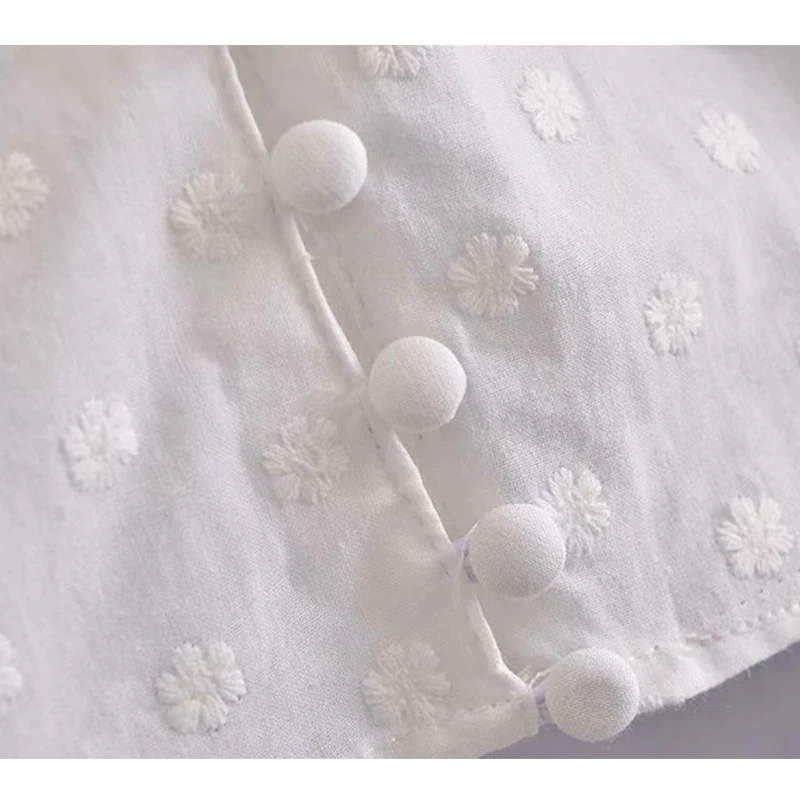 

ZA Summer Women Floral Embroidery Blouse Flare Long Sleeve Casual Shirt Slash Neck Female Loose Thin Top Single Breasted Blouse