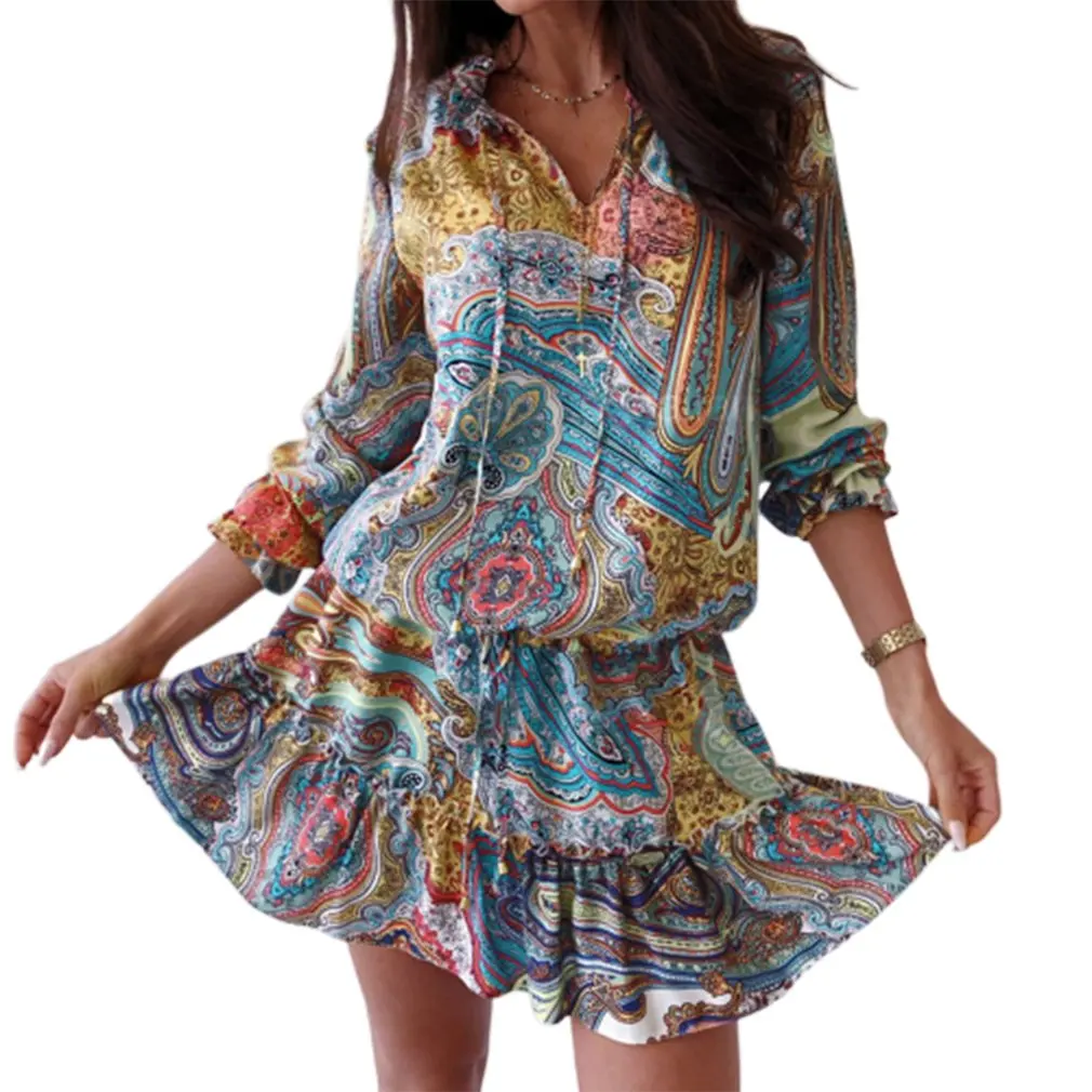 Женское летнее свободное платье легкое с цветочным принтом и кулиской средней