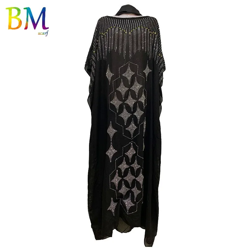 

New African Women Dresses Double Design Rhinestons long Katfan Black Dress with Scarf For Lady African clothes D527#