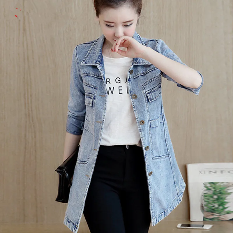 

Long Denim Coat Women Spring Autumn Ladies Korean Fashion Jeans Jacket CasualWindbreaker Viintage Overcoat Female Outwear