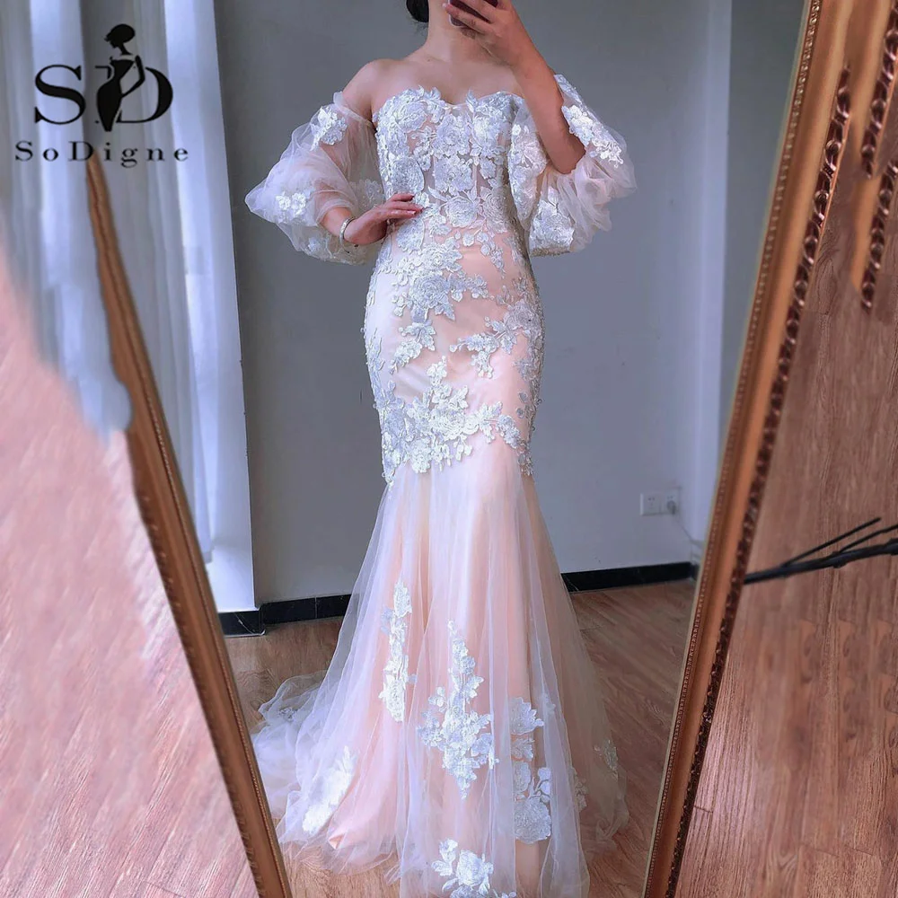 

SoDigne Luxury Mermaid Wedding Dress Pink Lining Ivory Lace Appliques Bridal Dress Puff Short Sleeves Sweetheart Wedding Gowns