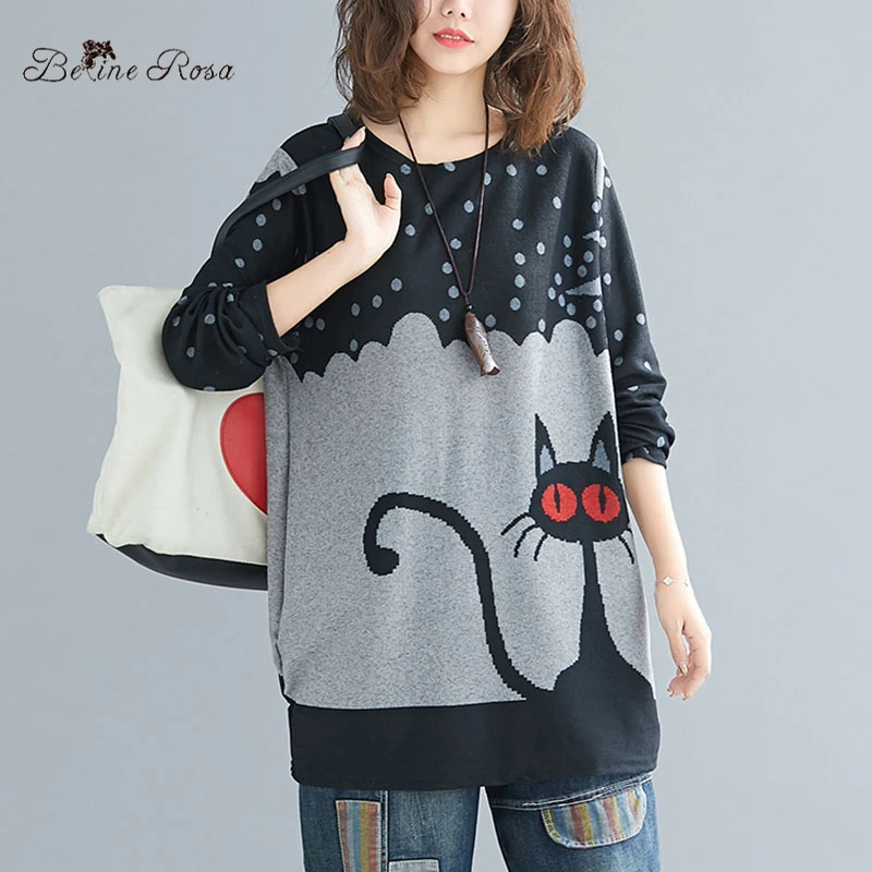 

BelineRosa 2019 Women's Kawaii Character Printed Knitted Women's Tops Long Sleeve Autumn Tee Shirt BSDM0323