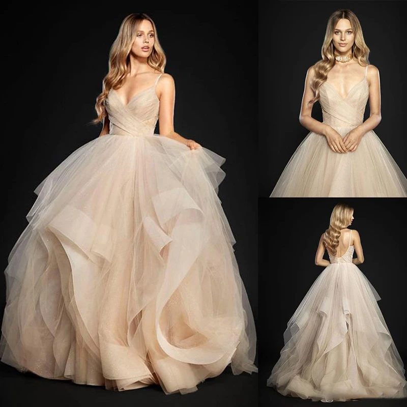 Spring Collection flutters of sheer fabric ruffled Tulle Spaghetti Straps Ball Gowns Wedding Dress crisscross draped sweetheart