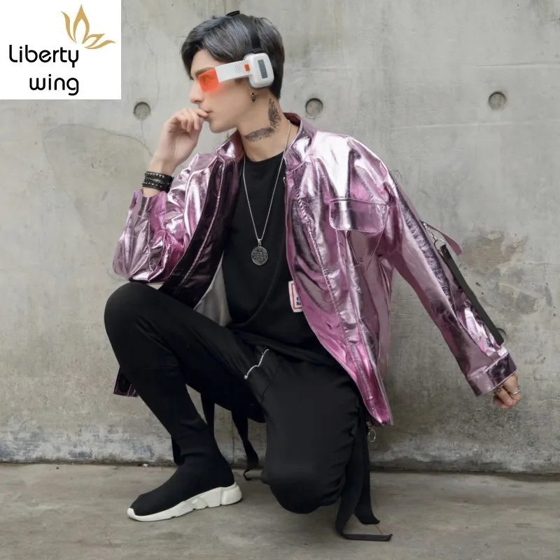 

Personality Harajuku New Faux Leather Golden Silver Mens Jackets Hip Hop Casual Loose Stage Costume Motorcycle Male Short Coats