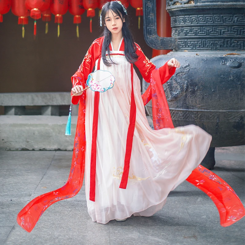 Женский Классический танцевальный костюм Hanfu с красной вышивкой фольклорное