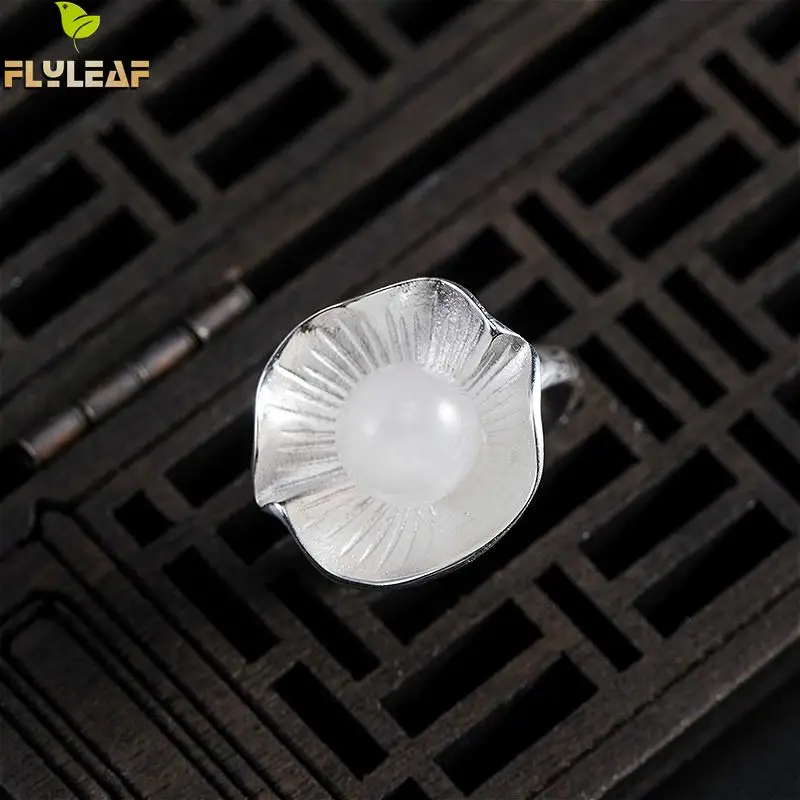 

Flyleaf 100% 925 Sterling Silver Dewdrop Lotus Leaf White Jade Open Rings For Women Chinese Style Handmade Vintage Jewelry