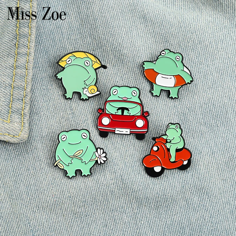 

Fun Frog Enamel Pins Custom Froggy Car Swimming Pool Plant Brooch Lapel Badge Bag Cartoon Animal Jewelry Gift for Kids Friends