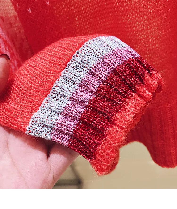 

2020 Spring Streetwear V-neck Knitted Sweater Womens Thin Knitting Gradient Color Patchwork Mohair Rainbow Sweaters Female 8798