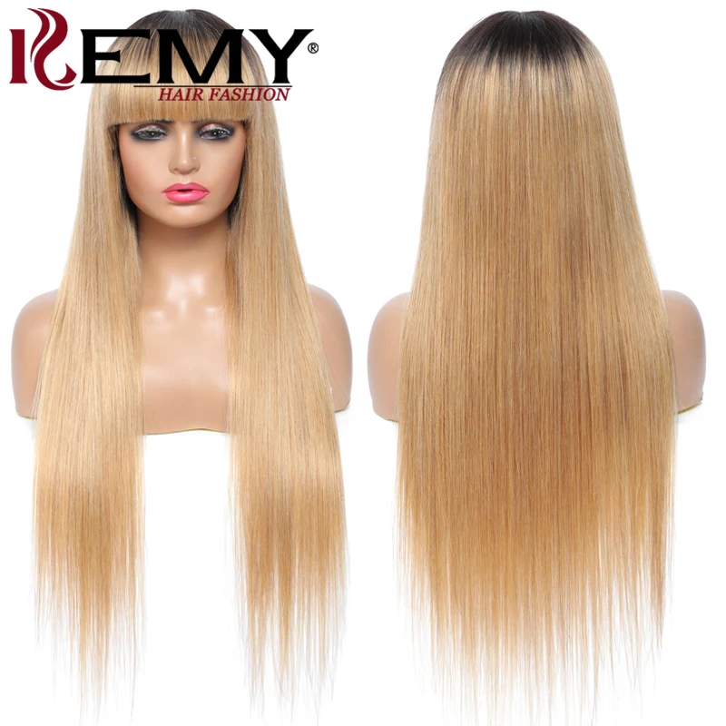 Бразильские прямые человеческие волосы парик с челкой Омбре блонд 99J Берг полная