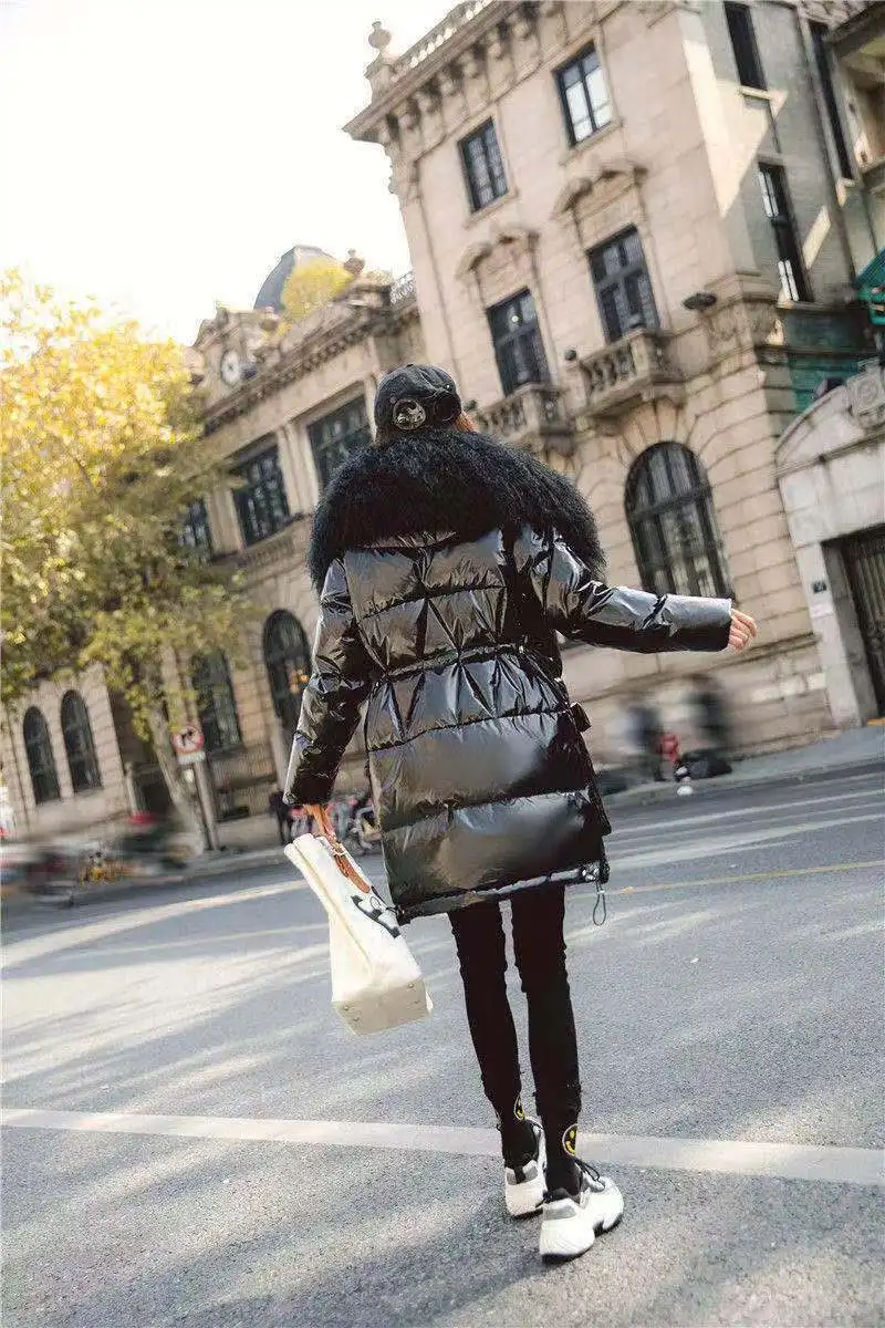 

2021 New Winter White Duck Down Bright Face Hooded Down Jacket Women's Medium And Long Coat Large Fur Collar Black And White