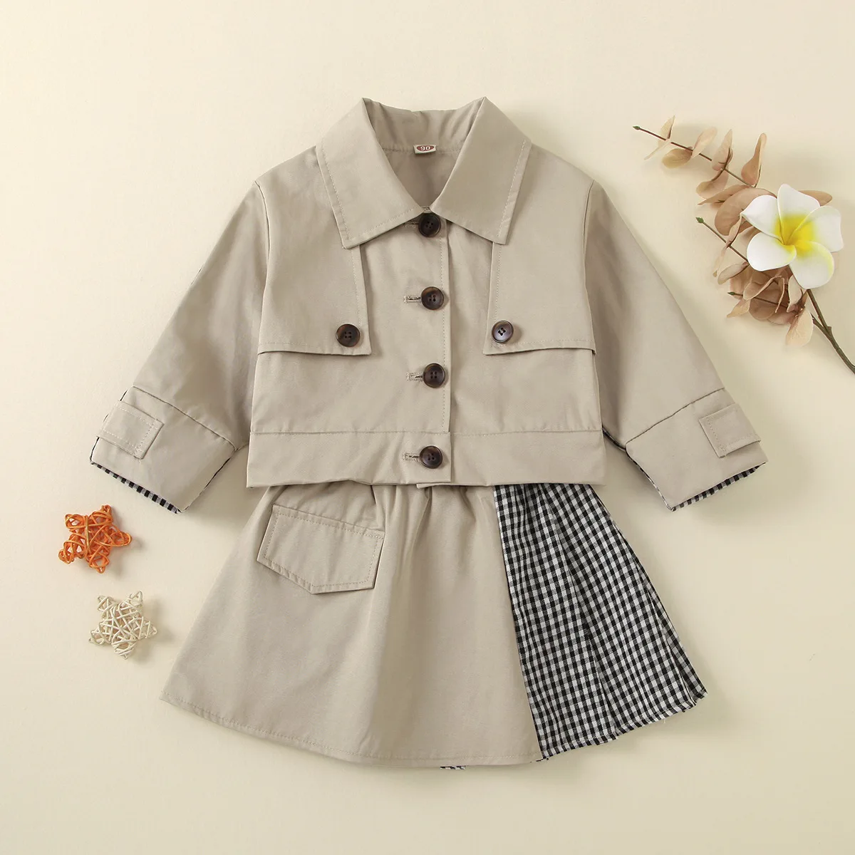 

kids baby girls full sleeve single-breasted tops coat jacket plaid patch skirt toddler children clothes sets 2pcs 2-7Y