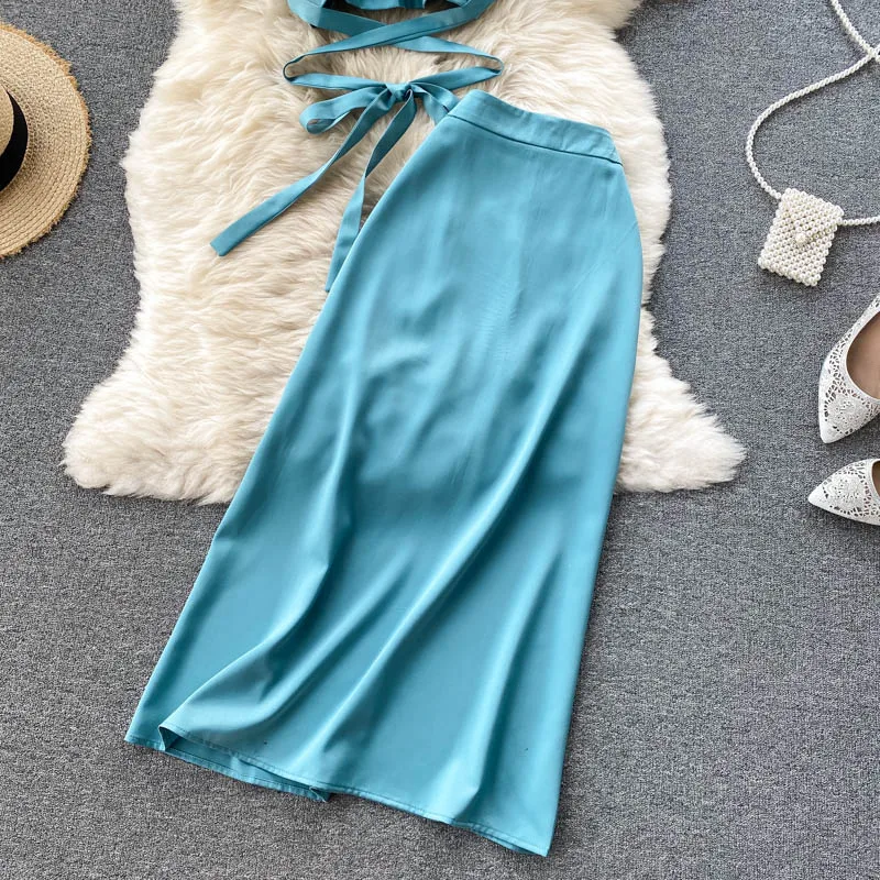 

Kimutomo Elegant Casual Suit Women Summer Sleeveless Sexy O-neck Lace Up Slim High Waist Solid Holiday Style Two-piece Set