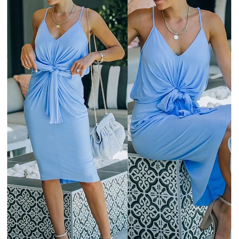 

Летнее платье Mandylandy для женщин, однотонное платье на бретелях, без рукавов, с V-образным вырезом, длиной до колена