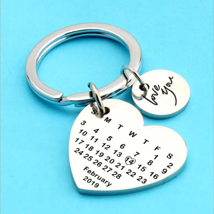 personalized calendar keychain Peach Heart Stainless Steel Valentine's Day Couple Keychain 2019 2.14 Calendar | Украшения и