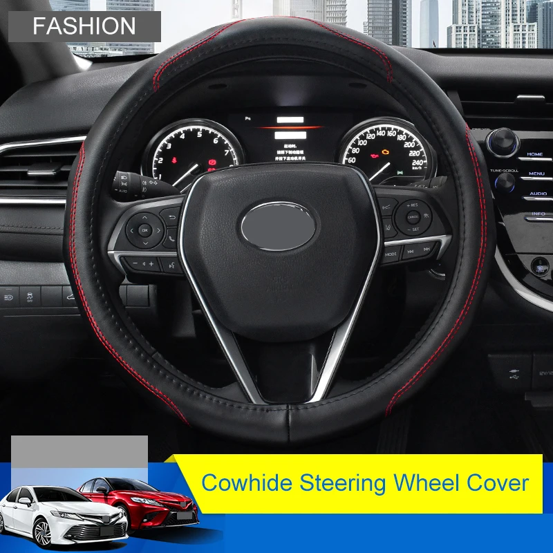 

QHCP Car Steering Wheel Cover Trim Black Leather Hand Sewing Protection Hand-stitched For Toyota Camry 2018 Interior Accessories
