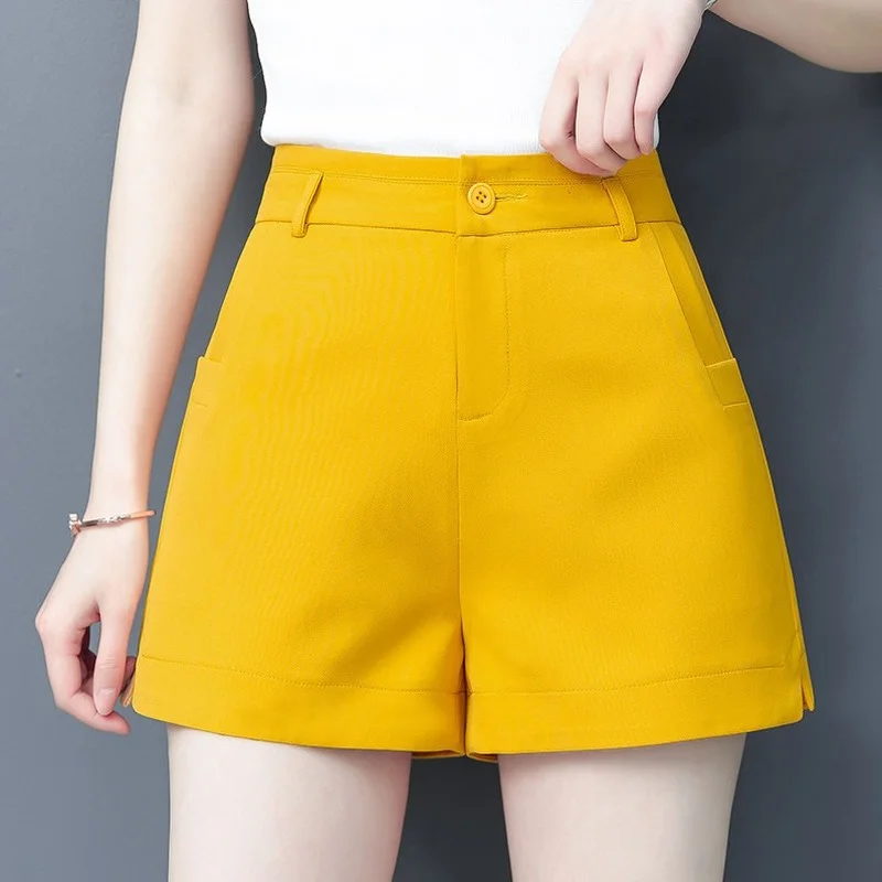 

New 2021 Korean Summer Suit Shorts Women Fashion Solid Brief Lady Work Office Casual High Waist Wide Leg Short Pants Y869