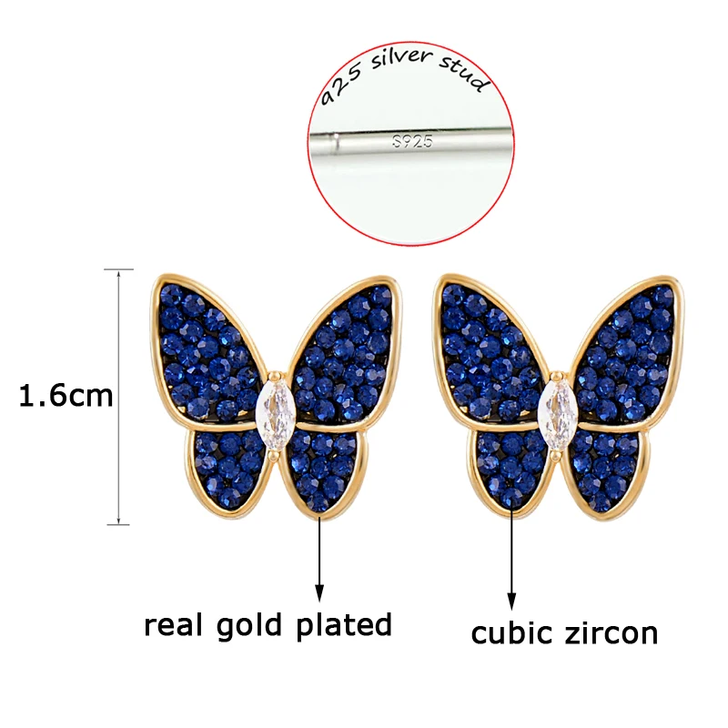 

LEEKER Fashion Grey Blue Cubic Zirconia Butterfly Stud Earrings Real Gold Plated For Women Party Jewelry 548 K2