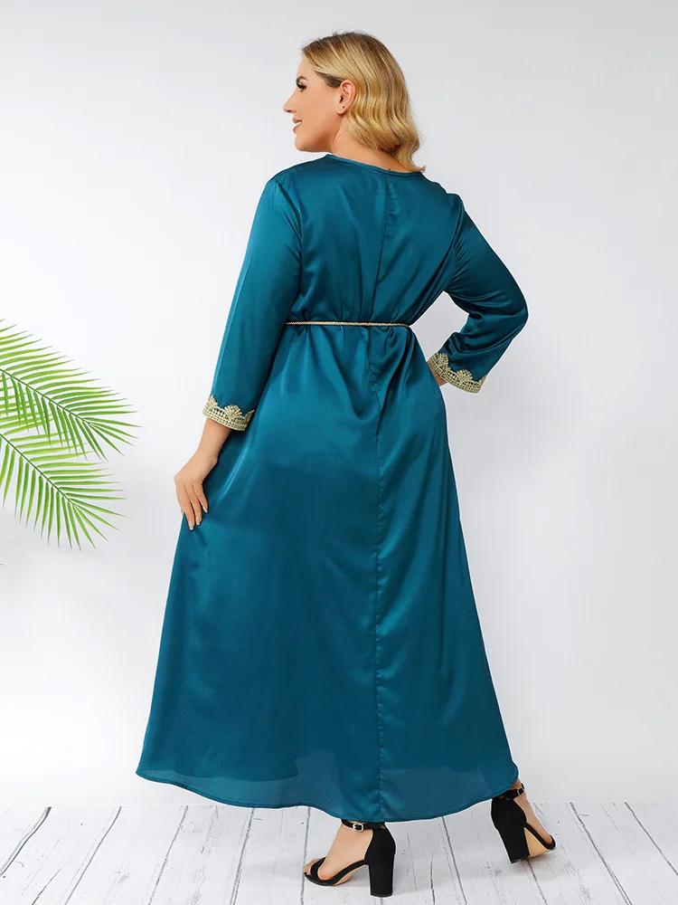 

Elegant Golden Lace V Neck Plus Size Maxi Dress for Women Eid Mubarak 2021 Dubai Turkish Oman Arabic Clothing 4XL 5XL
