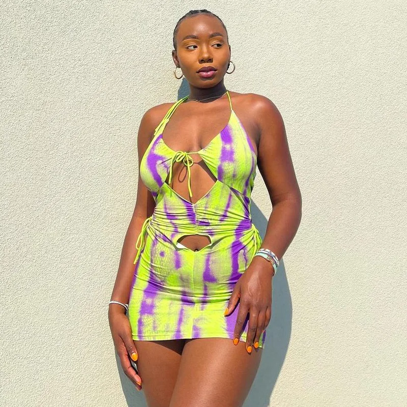 

2021 Fashion Tie-dye Skinny Dress Women\u2019s Sexy Hollow Tie-up Halter Backless Short Dress for Party