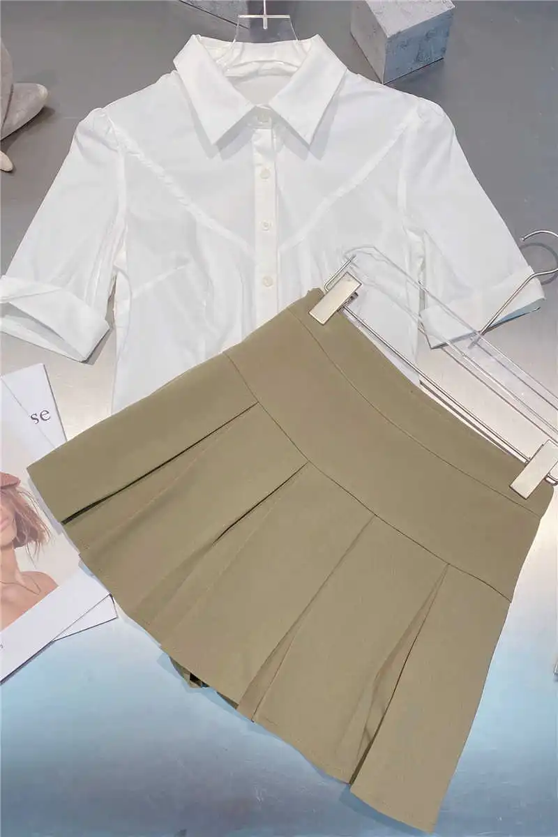 

DEAT 2021 New Spring Summer Fashion Casual Simple Short Sleeve White Shirt High Waist Age Reducing Pleated Khaki Skirt SK523