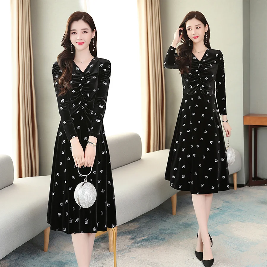 2020 винтажные черные бархатные сексуальные миди платья осень зима размера плюс