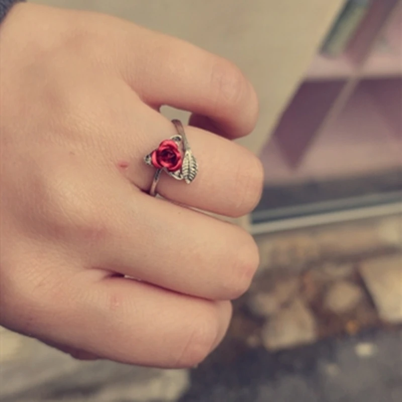 

Women Ring Red Rose Garden Flower Leaves Open Ring Resizable Finger Rings For Women Valentine's Day Gift Jewelry