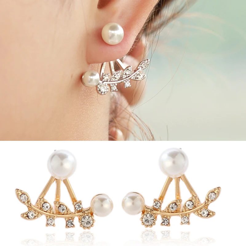 Элегантные женские серьги пусеты в виде листика и жемчуга дизайнерские