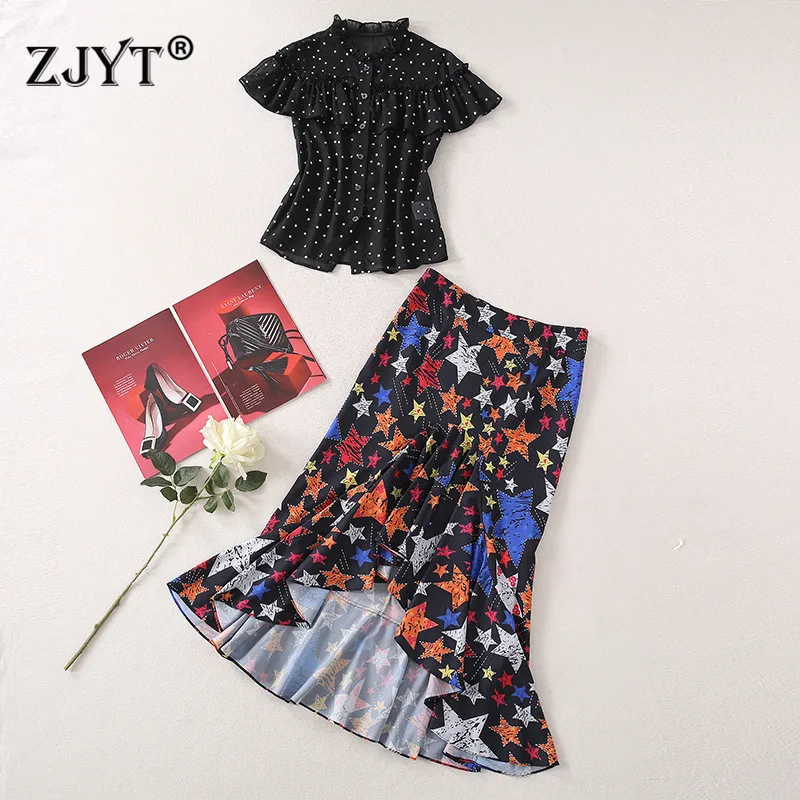 

Summer New Fashion Runway 2 Piece Outfits Women High Quality Print Chiffon Shirt and Midi Trumpet Skirt Suit Vintage Sets