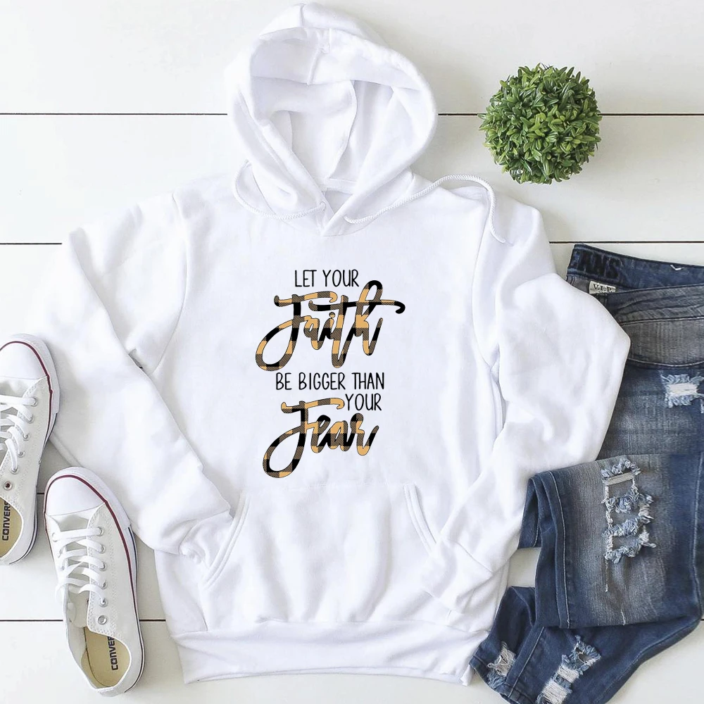 

Let Your Faith Be Bigger Than Your Fear Plaid Colored Hoody Scripture Women Long Sleeve Christian Bible Verse Hoodie