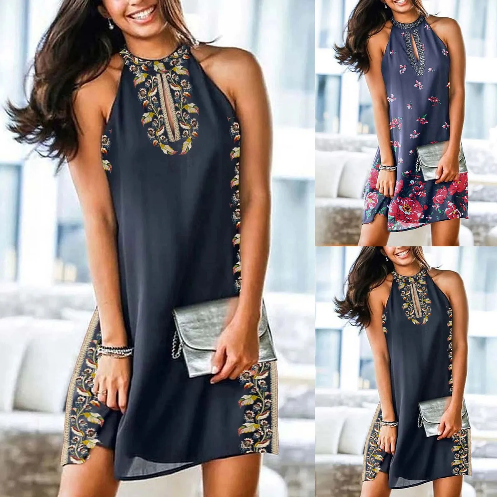 

40# Metal Halter Dress Summer Vintage Floral Printed Mini Dress Sleeveless O-neck Summer Dress 2021 Loose Dresses For Women