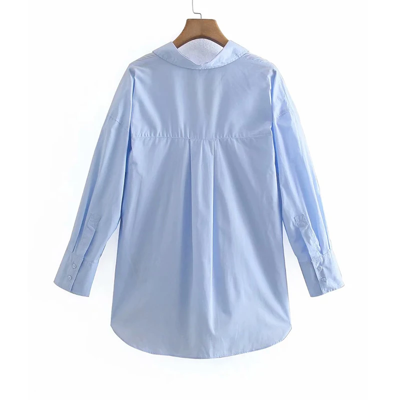

2021 ZA Spring Women Blue Blouse Long Sleeve Simple Shirts Office Lady Female Top Single Breasted Solid Turn Down Collar Blouses