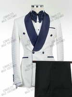 2021 white plaid mens wedding suit double breasted slim fit navy blue lapel prom groom tuxedo bridegroom best man blazer pants