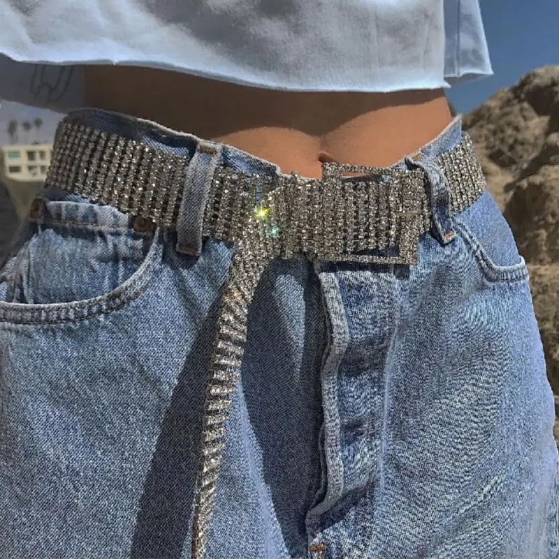 Женские многорядные блестящие стразы регулируемый пояс с квадратной пряжкой для