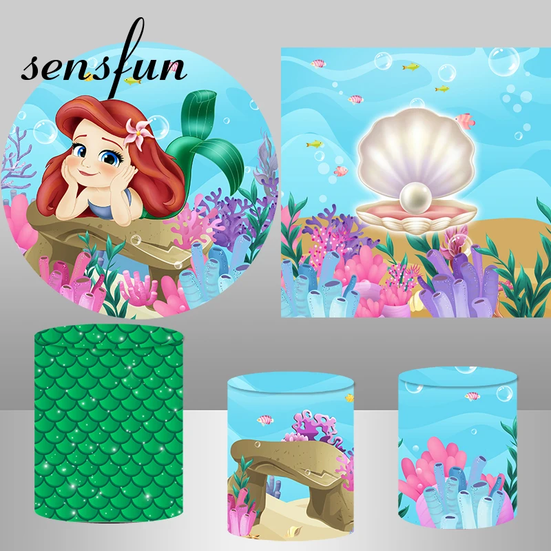 

Cute Little Mermaid Princess Girl Round Backdrop Cover Under The Sea Kids Newborn 1st Birthday Party Background Plinth Covers