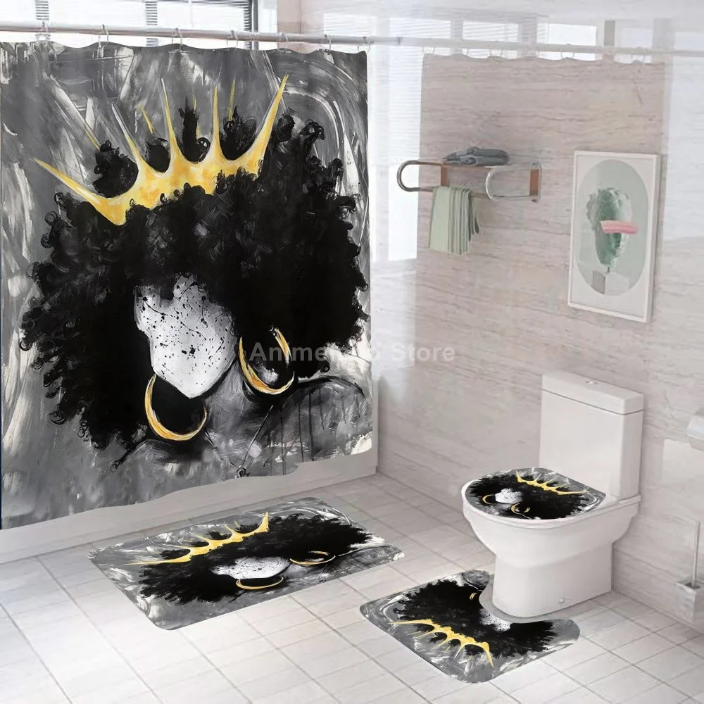 Cool Girl Crown Shower Curtains Black African Style Bathroom Curtain Bath Sets Toilet Cover Mat Non-Slip Washroom Rug Set Gift | Дом и сад