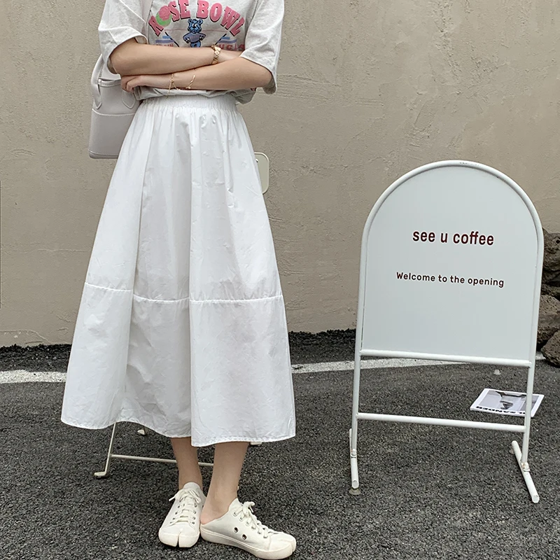 

2021 Autumn New Korean Elastic High Waist Slim Simple White Big Swing Skirt Casual Loose Women A-line Long Skirt Free Shipping