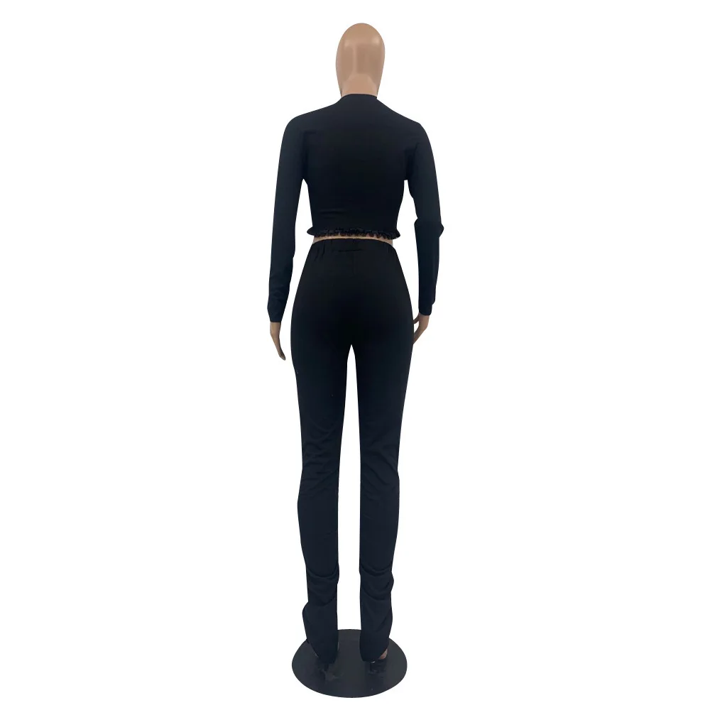

Activewear Women Two Piece Set Solid Color Crop Top Pleated Stacked Bellbottom Pants Tracksuit Fitness Two 2 Pieces Sets Outfit
