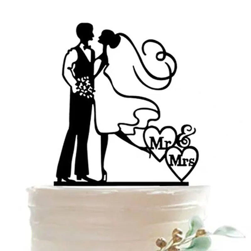 Черный блестящий бумажный свадебный торт Топпер Mr and Mrs Жених и невеста