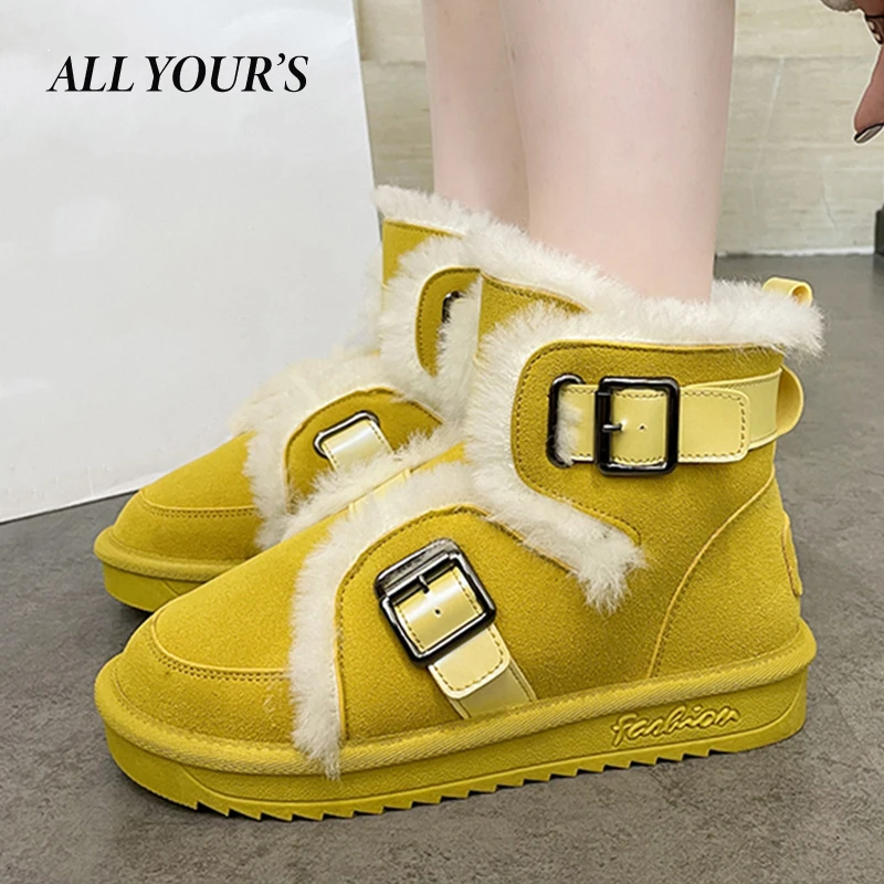

2021 New Winter Warm Fur Snow Boots Fashion Yellow Ankle Boots For Women Green Round Toe Combat Black Boots Platform Ladies Shoe