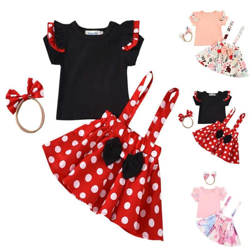 

Toddler Infant Baby Girls Ruffle T Shirt Polka Dot Tie Dye Floral Strappy Skirt Headgear Set Summer Casual Outfits