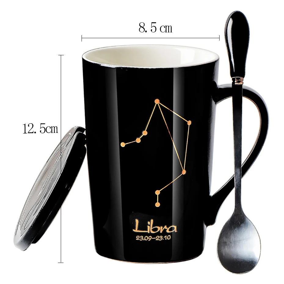 Кружевные керамические кружки VIP 12 созвездий креативные с крышкой ложкой черная