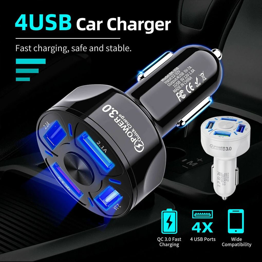 

Автомобильное зарядное устройство, 4 порта USB, QC3.0, 48 Вт, 7A, адаптер для быстрой зарядки для iPhone 12, Huawei, Samsung